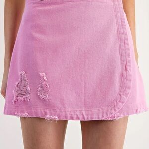 Pink Distressed Denim Skirt